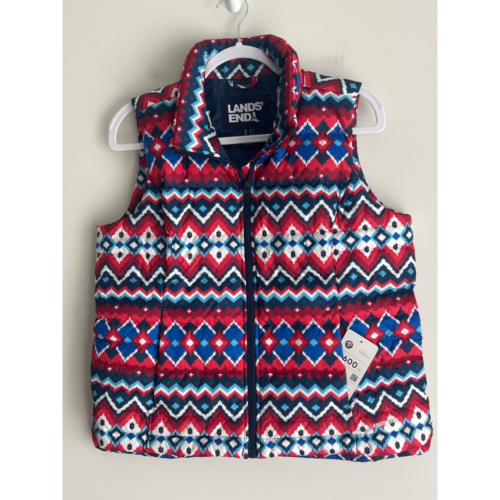 Lands End Women's Puffer Vest Red Blue Fair Isle 600 Down Petite Medium NEW